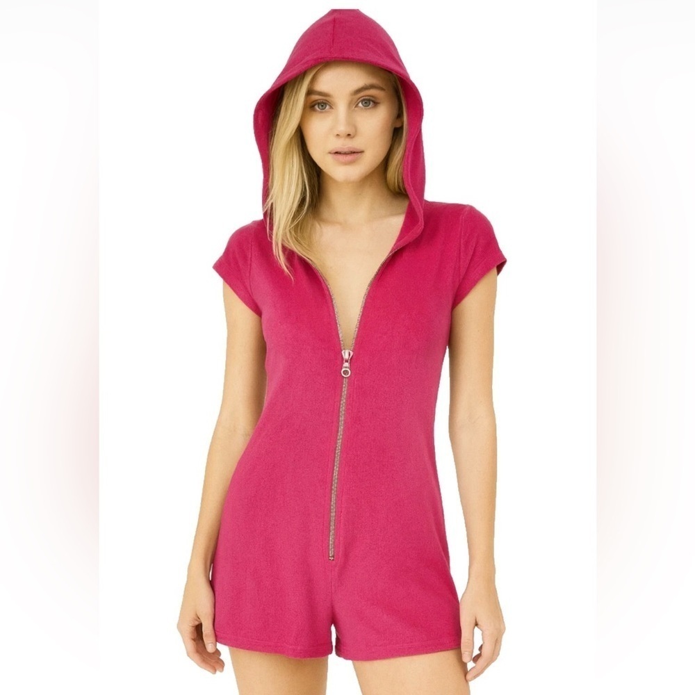 Beach Bunny size Medium Pink terry Romper swimsuit coverup jumpsuit Zip up